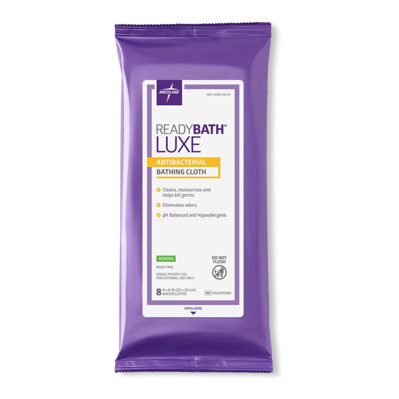Medline Medlind ReadyBath LUXE (8 Wipes/1 Pack)  Scented  Extra Thick Adult Bath Wipes  No Rinse Formula with Aloe  Shower Wipes for Sensitive Skin  Hypoallergenic & Alcohol-Free Body Wash Wipes  8 x 8 Inch - Image 1