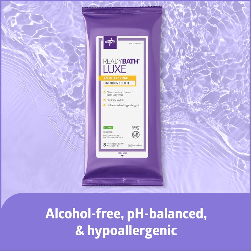 Medline Medlind ReadyBath LUXE (8 Wipes/1 Pack)  Scented  Extra Thick Adult Bath Wipes  No Rinse Formula with Aloe  Shower Wipes for Sensitive Skin  Hypoallergenic & Alcohol-Free Body Wash Wipes  8 x 8 Inch - Image 3