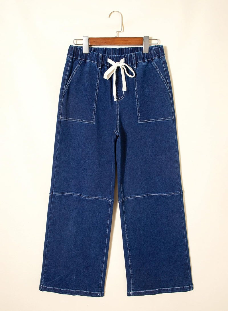 Sidefeel Women Jeans High Waisted Elastic Straight Leg Stretchy Jeans Trendy Drawstring Wide Leg Baggy Pull On Denim Pants Dark Blue Size 12 - Image 3