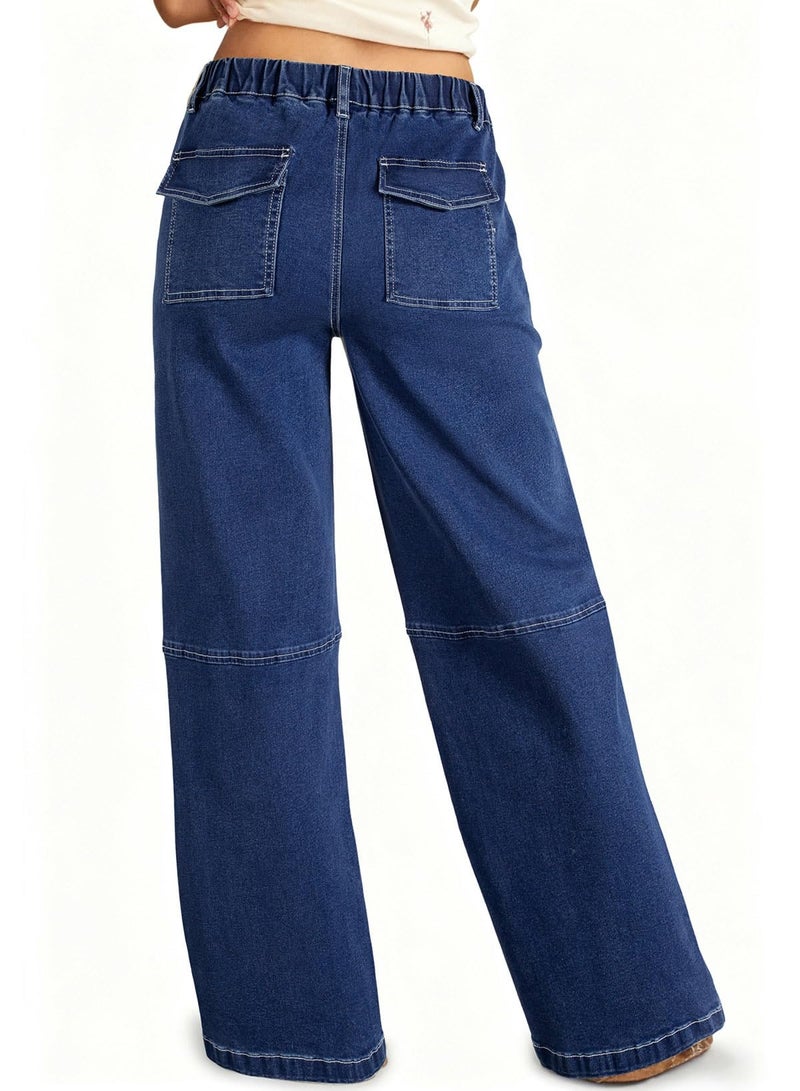 Sidefeel Women Jeans High Waisted Elastic Straight Leg Stretchy Jeans Trendy Drawstring Wide Leg Baggy Pull On Denim Pants Dark Blue Size 12 - Image 2