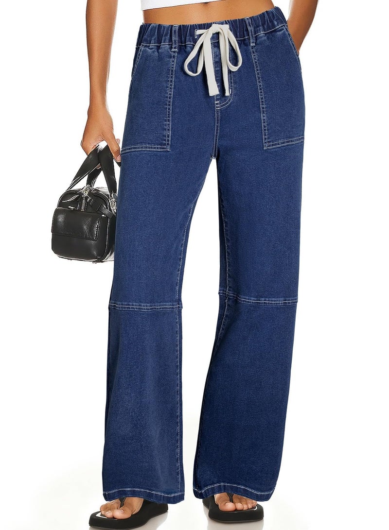 Sidefeel Women Jeans High Waisted Elastic Straight Leg Stretchy Jeans Trendy Drawstring Wide Leg Baggy Pull On Denim Pants Dark Blue Size 12 - Image 1