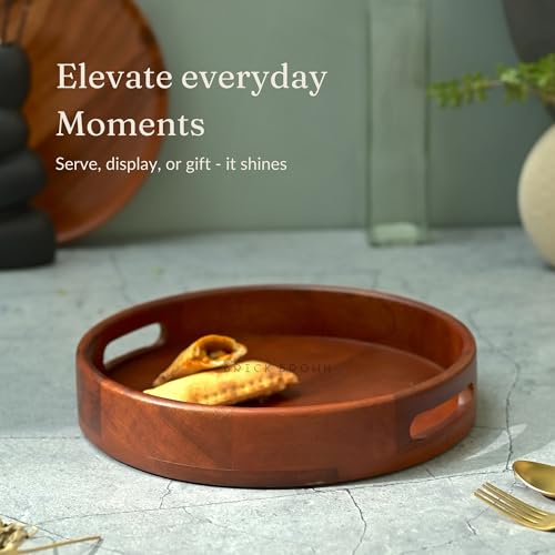 BRICK BROWN ® Premium Handcrafted Classic Round Tray for Breakfast Serving Trays Dining Table Home Decoration Wooden Tray Unique Design Handmade Multipurpose Serving Tray in Mango Wood(12x12 Inch) - Image 2