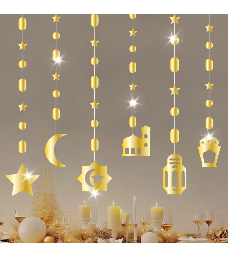 6 قطع لافتات ذهبية لعيد الفطر وأكاليل زينة رمضان للمنزل معلقة لعلامات مباركة العمرة النجمة الزخرفية - Image 5