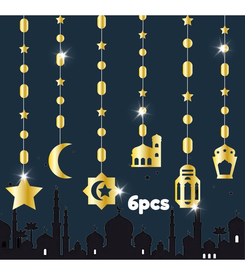 6 قطع لافتات ذهبية لعيد الفطر وأكاليل زينة رمضان للمنزل معلقة لعلامات مباركة العمرة النجمة الزخرفية - Image 1