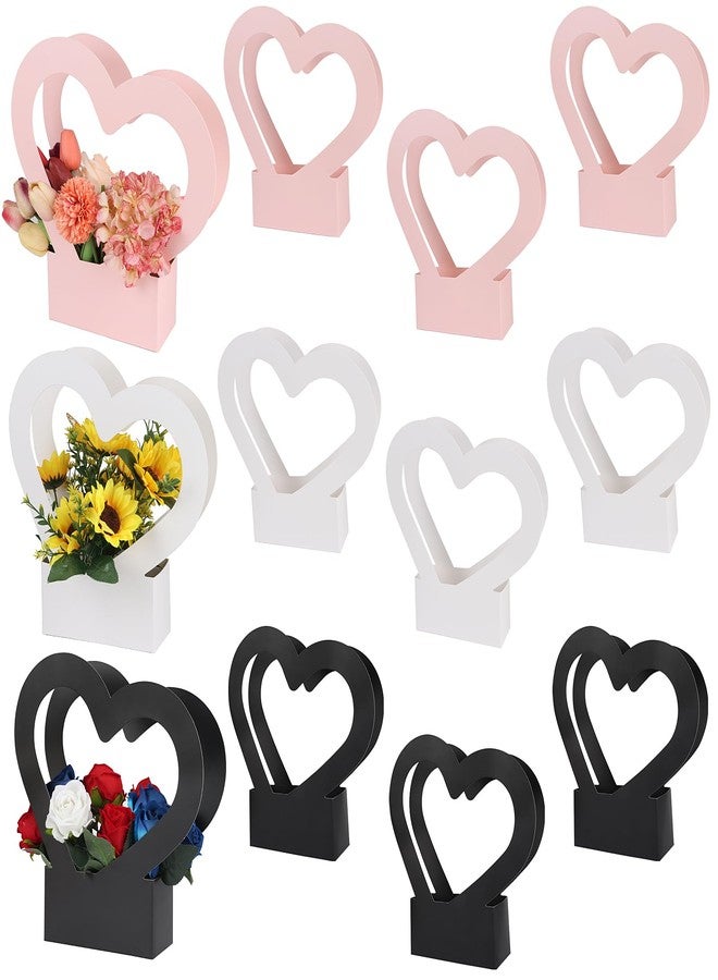 FOIMAS 12 Pcs Heart Shaped Flower Gift Boxes,Bouquet Bags with Handle Folding Basket for Valentine's Day Floral Arrangement Wedding Mother's Day（Black,Pink,White - Image 1