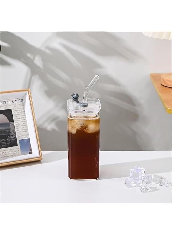 2-Piece Glass Cups with Lids and Straws, Iced Coffee Cup, Glass Tumbler, 12 oz/350 ml Clear Square Drinking Glasses for Coffee Bar (Clear) - Image 3
