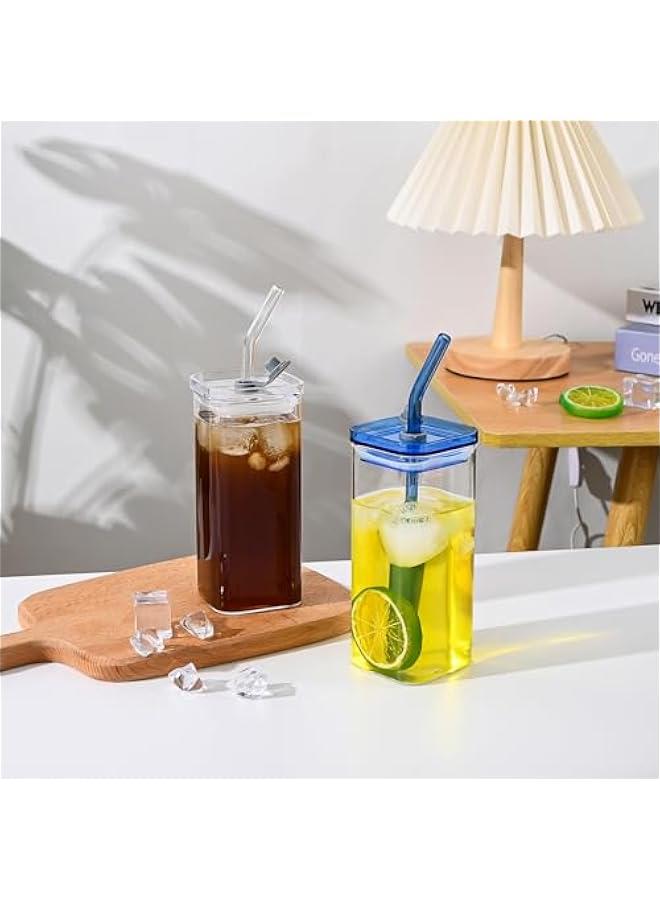 2-Piece Glass Cups with Lids and Straws, Iced Coffee Cup, Glass Tumbler, 12 oz/350 ml Clear Square Drinking Glasses for Coffee Bar (Clear) - Image 4