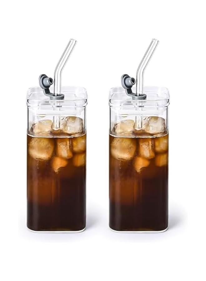 2-Piece Glass Cups with Lids and Straws, Iced Coffee Cup, Glass Tumbler, 12 oz/350 ml Clear Square Drinking Glasses for Coffee Bar (Clear) - Image 1