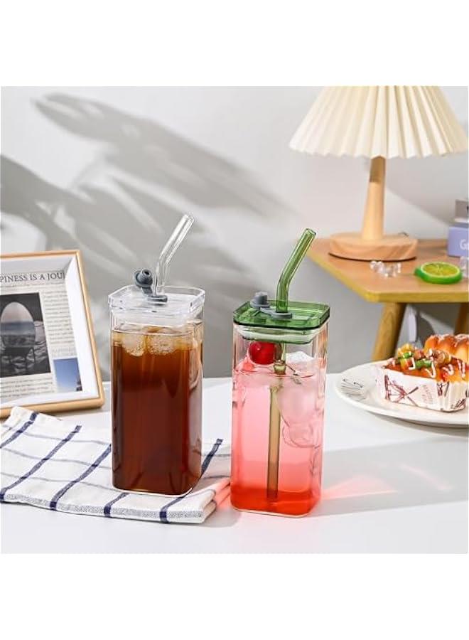 2-Piece Glass Cups with Lids and Straws, Iced Coffee Cup, Glass Tumbler, 12 oz/350 ml Clear Square Drinking Glasses for Coffee Bar (Clear) - Image 5