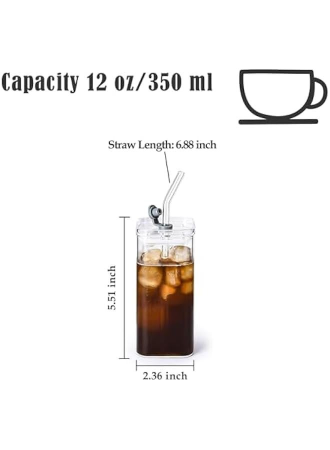 2-Piece Glass Cups with Lids and Straws, Iced Coffee Cup, Glass Tumbler, 12 oz/350 ml Clear Square Drinking Glasses for Coffee Bar (Clear) - Image 2