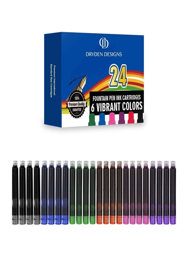 Dryden Designs Fountain Pen Ink Cartridges - Set of 24 Assorted Colors: Black, Blue, Green, Purple, Red, Pink - Short International Standard Size - Disposable and Generic Ink Refill Cartridges. - Image 1