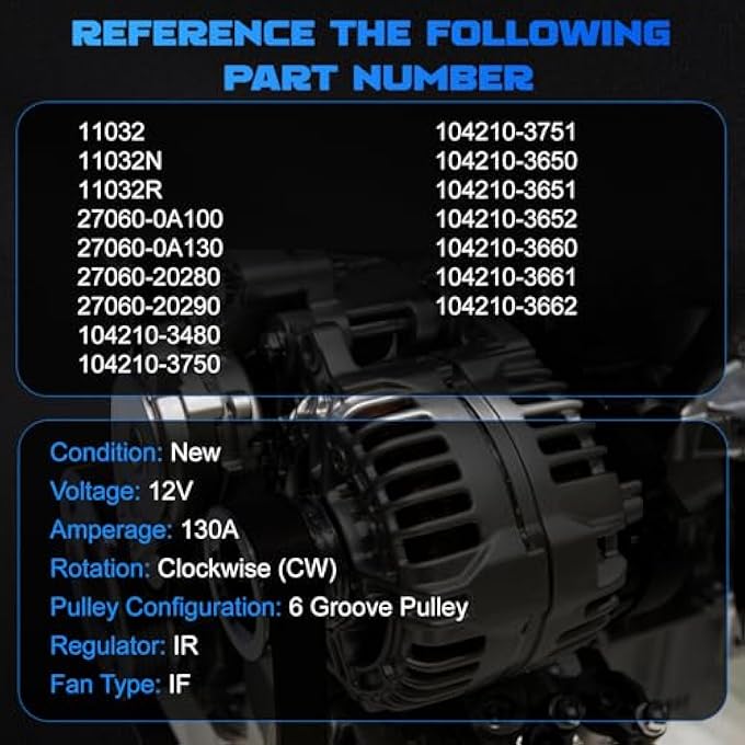 YOMALL Alternator 11032 for 2004-2006 RX330 for 2004-2006 Sienna for 2004-2007 Highlander 3.3L V6 Vehicle Replacement Alternator 130A 6PK 11032N 104210-3480 104210-3750 27060-0A100 27060-0A130 - Image 3