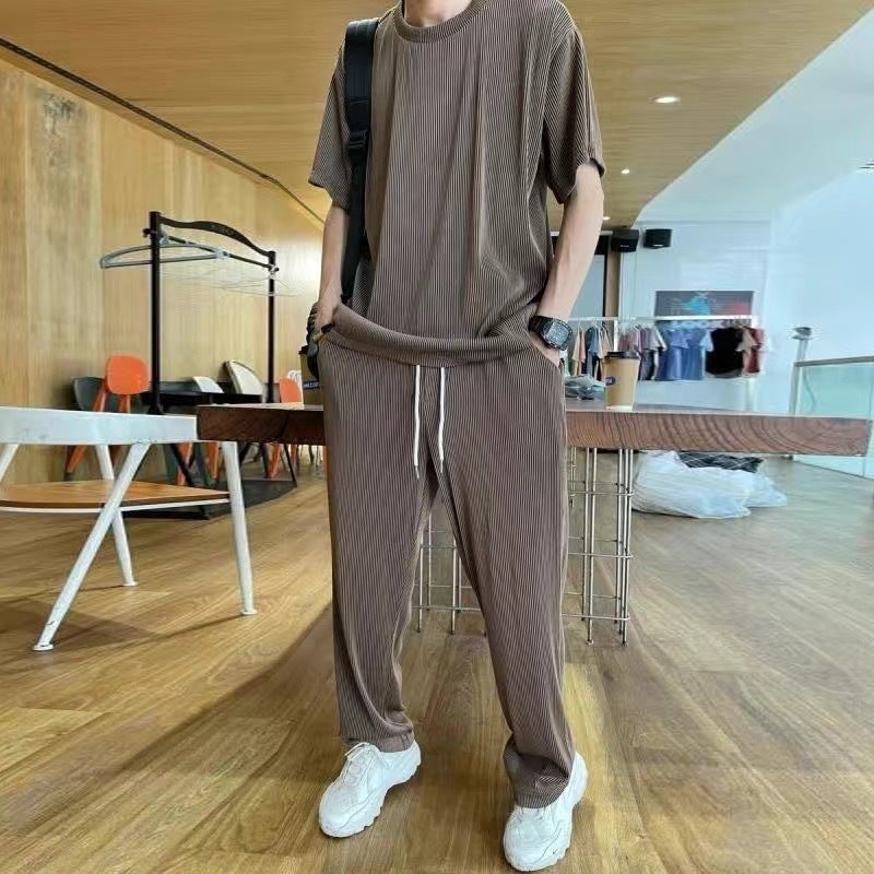 Summer Thin Ice Silk Casual suit Mens Trendy Stretch Dosing Breathable Comfortable Loose Straight Sports Two-piece Set brown