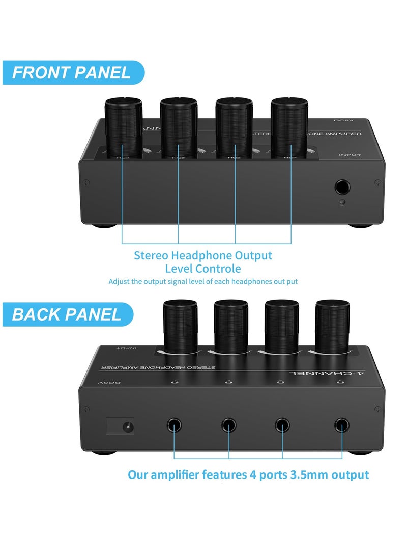 4 Channel Headphone Amplifier, Stereo Audio Amp Splitter with 4 Headphones Output Jacks and Audio Input - Ideal for Music Sharing and DJ - Image 2