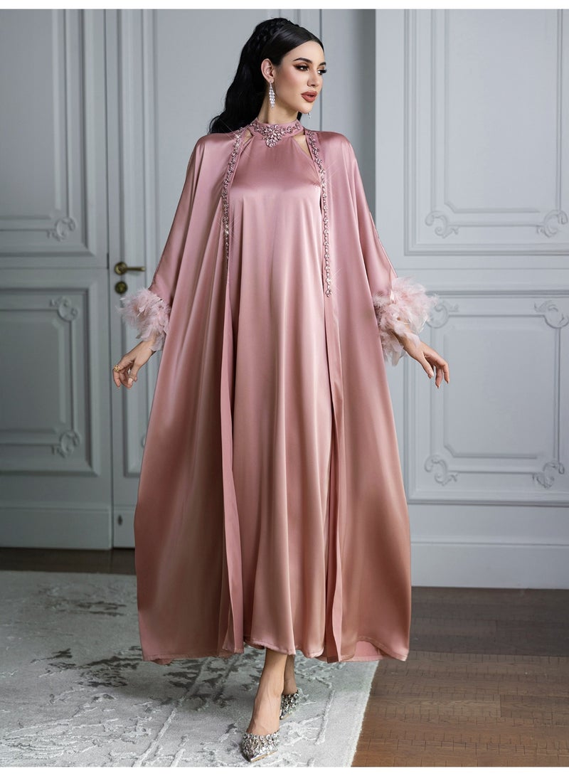 Women 2 Piece Satin Abaya Set Rhinestone Trim Feather Cuff Kimono Sleeve Halter Inner Maxi Dress - Image 2