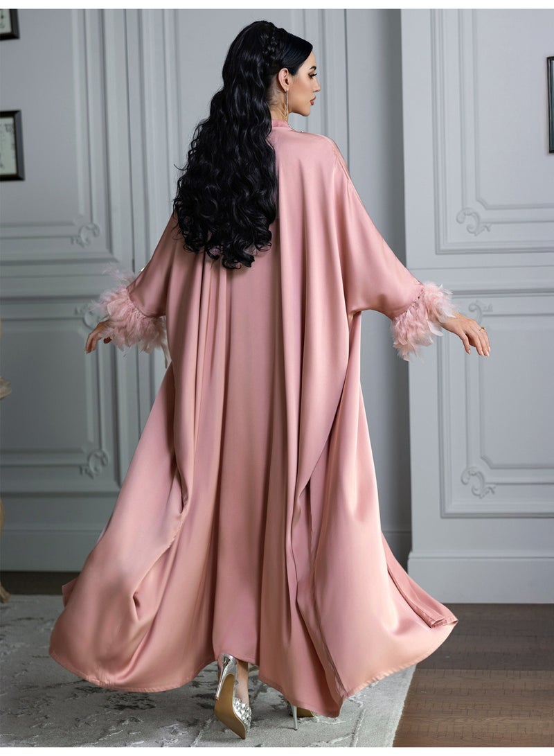Women 2 Piece Satin Abaya Set Rhinestone Trim Feather Cuff Kimono Sleeve Halter Inner Maxi Dress - Image 4