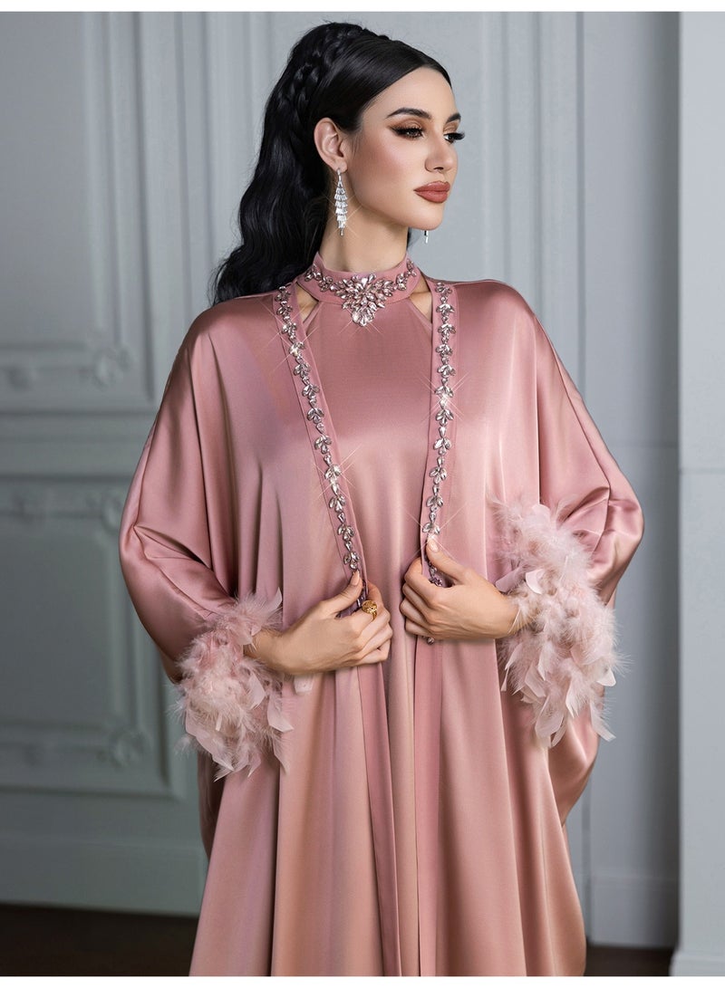 Women 2 Piece Satin Abaya Set Rhinestone Trim Feather Cuff Kimono Sleeve Halter Inner Maxi Dress - Image 3