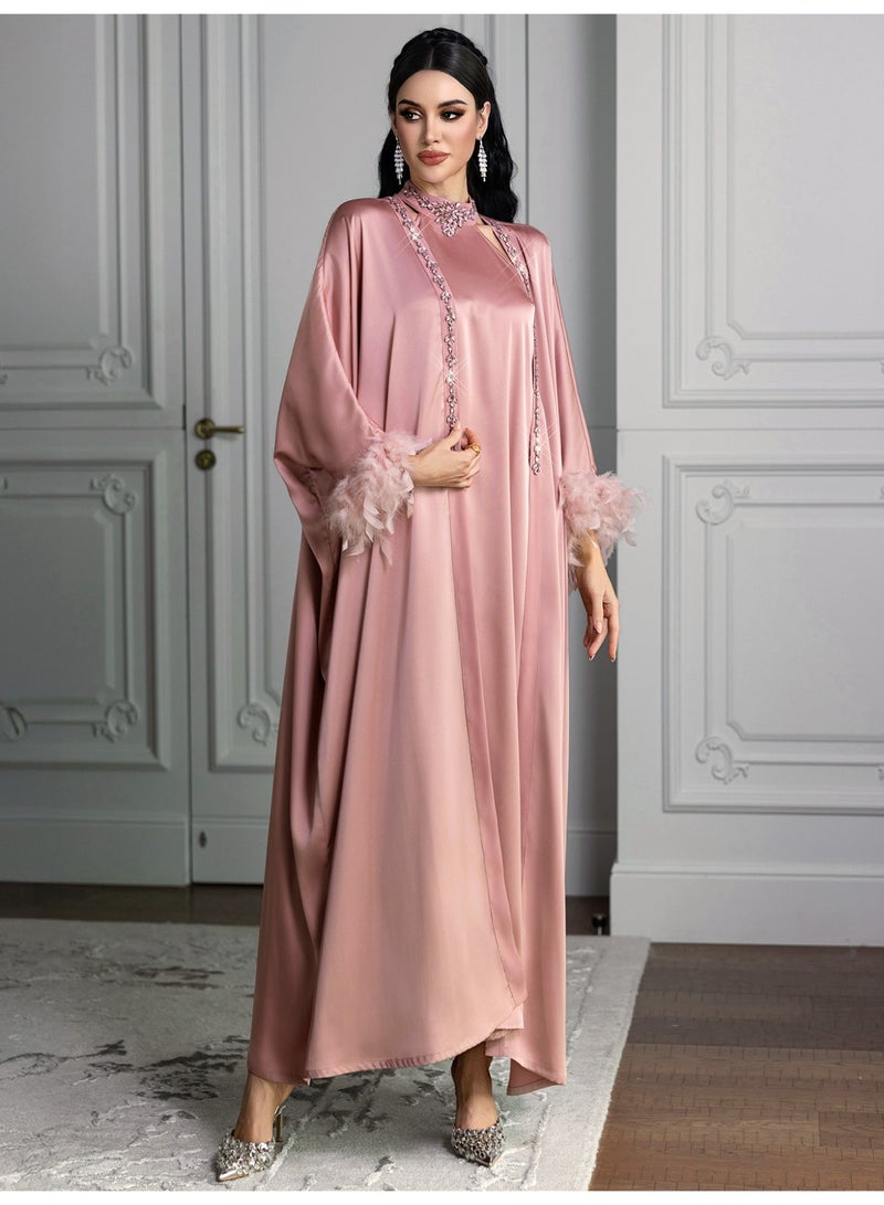 Women 2 Piece Satin Abaya Set Rhinestone Trim Feather Cuff Kimono Sleeve Halter Inner Maxi Dress - Image 1