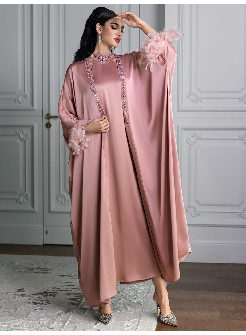 Women 2 Piece Satin Abaya Set Rhinestone Trim Feather Cuff Kimono Sleeve Halter Inner Maxi Dress - Image 5