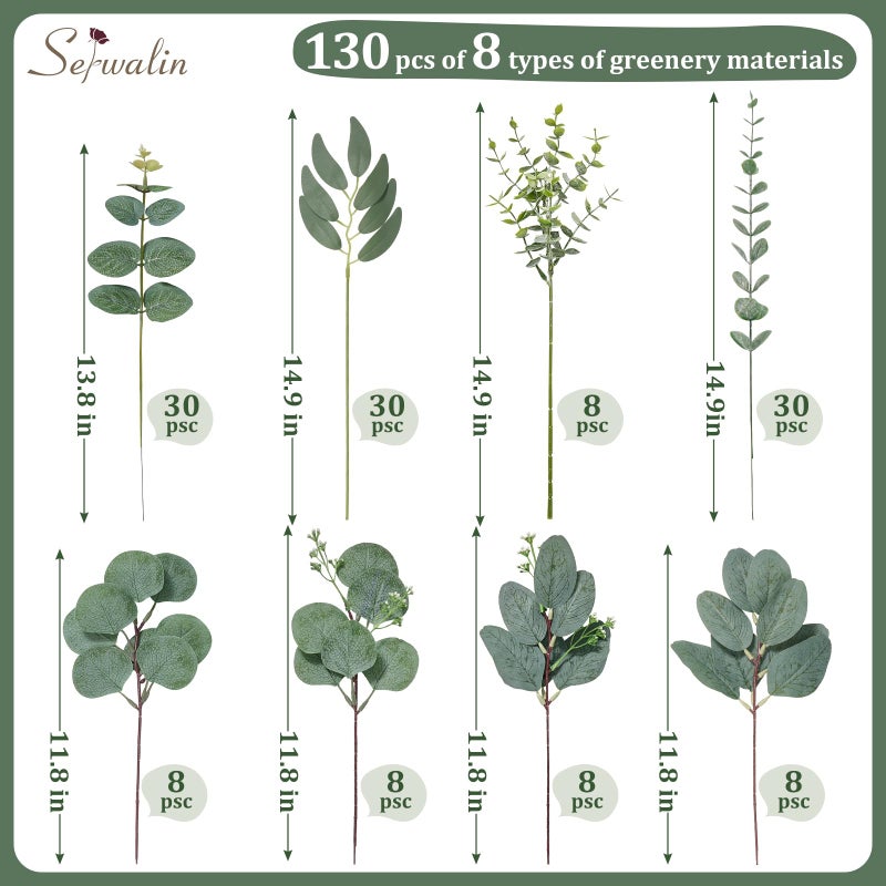 Serwalin 130 Pcs 8 Kinds Mixed Eucalyptus Stems Bulk,Artificial Greenery Silver Dollar Eucalyptus Leaves Picks for Centerpieces Vase DIY Bouquet Arrangement Home Decor - Image 2