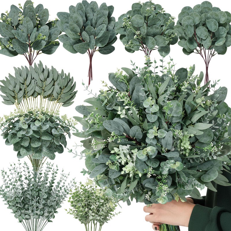 Serwalin 130 Pcs 8 Kinds Mixed Eucalyptus Stems Bulk,Artificial Greenery Silver Dollar Eucalyptus Leaves Picks for Centerpieces Vase DIY Bouquet Arrangement Home Decor - Image 1