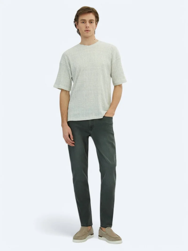 Kip Light Khaki Printed Crew Neck Cotton Blended T-Shirt