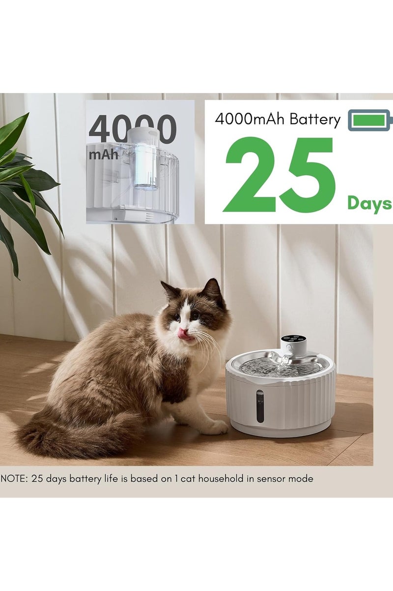 Pet Water Fountain,95 oz/2.8L Battery Operated Cat Fountain Stainless Steel with Water Level Window, Automatic Water Dispenser with Quiet Pump & Stainless Steel Tray , Cordless Pet Water Fountain for Cats, Dogs, Pets - Image 4