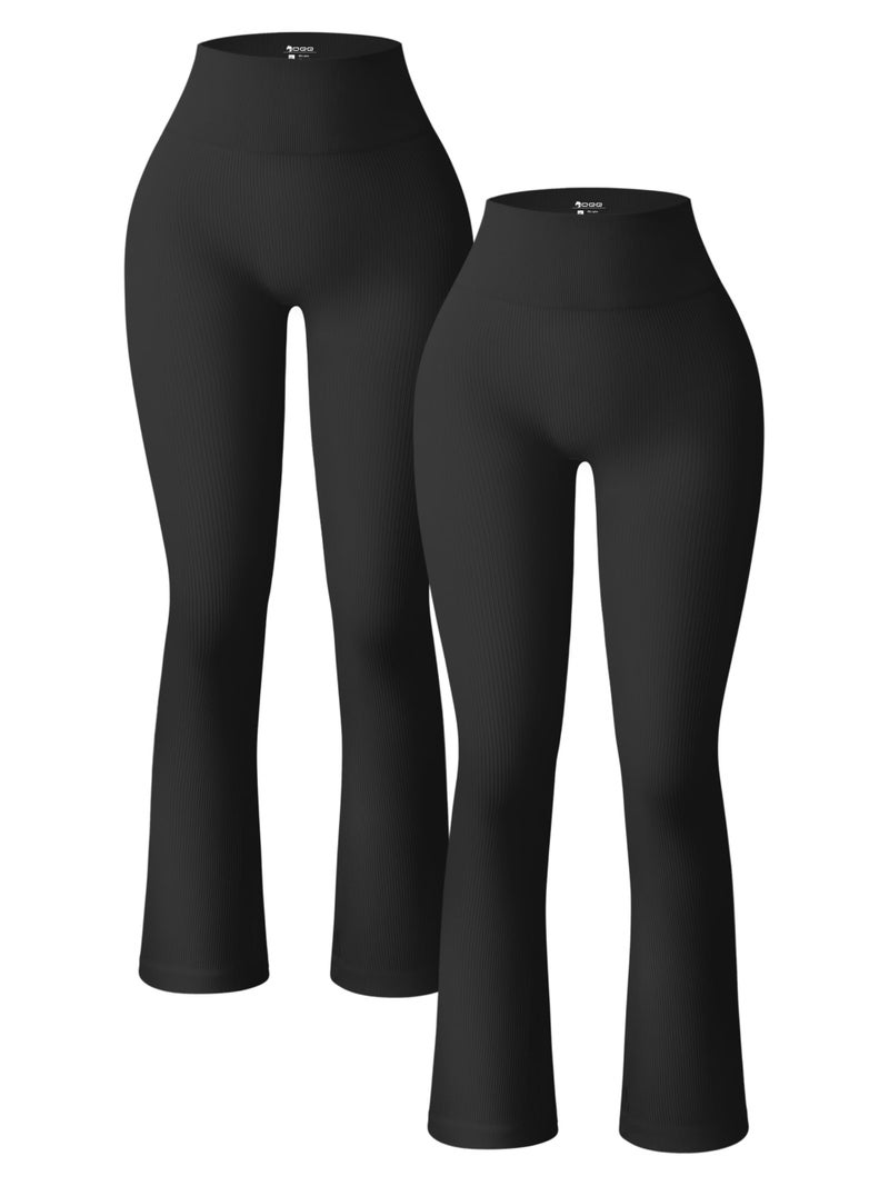 OQQ Women's 2 Piece Yoga Pants Ribbed Seamless Workout High Waist Bell Bottoms Flare Leggings Candypink Black - Image 1