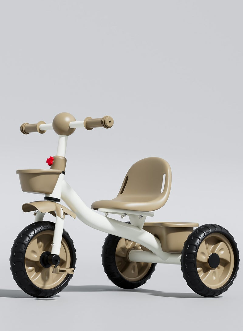 بيبي دراجة ثلاثية العجلات للأطفال، دراجة أطفال بمسند ظهر مرتفع، وسلة تخزين أمامية وخلفية | دراجة أطفال | دراجة ثلاثية العجلات للأطفال من سنتين إلى خمس سنوات، أولاد وبنات، لون بني - Image 1