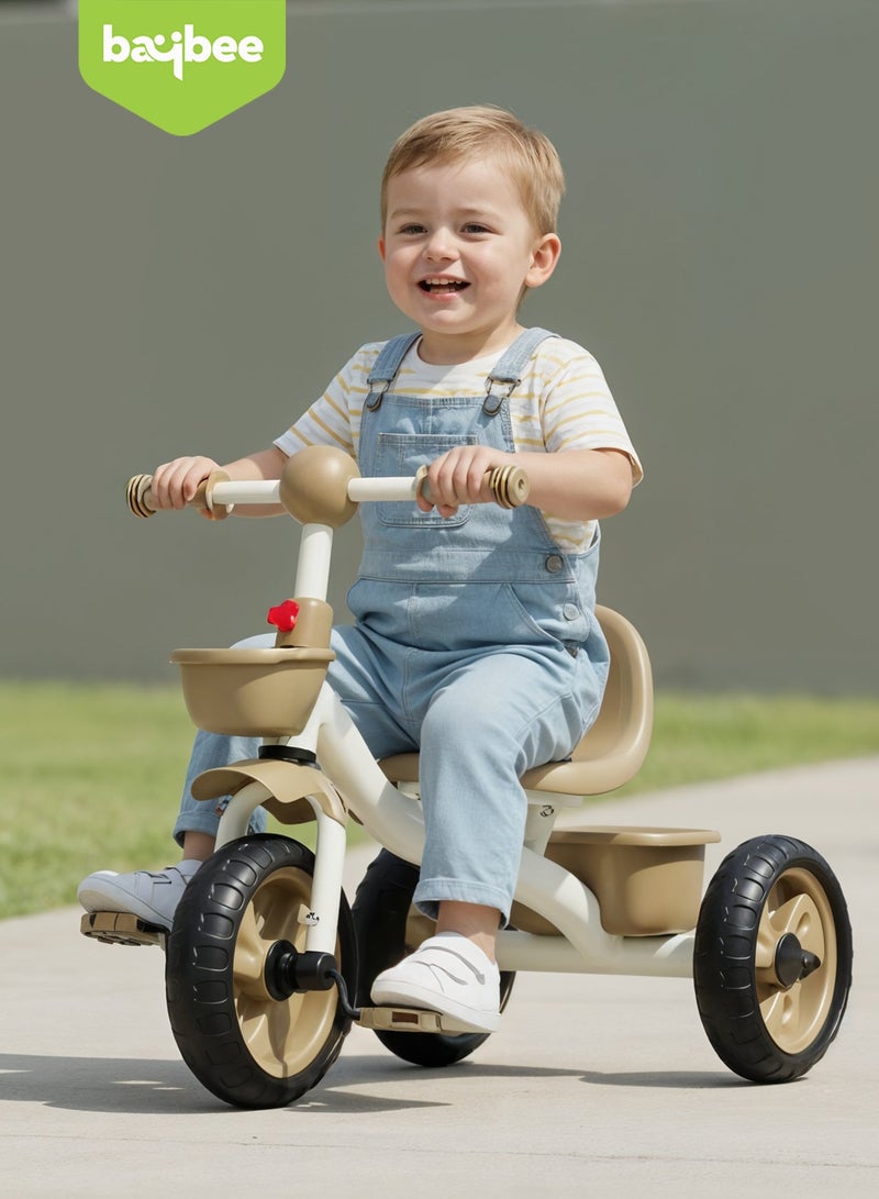بيبي دراجة ثلاثية العجلات للأطفال، دراجة أطفال بمسند ظهر مرتفع، وسلة تخزين أمامية وخلفية | دراجة أطفال | دراجة ثلاثية العجلات للأطفال من سنتين إلى خمس سنوات، أولاد وبنات، لون بني - Image 2