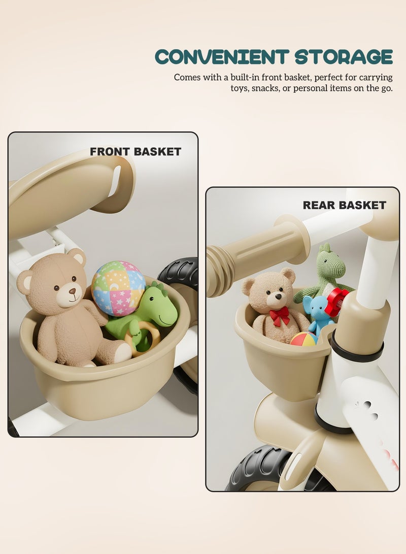 بيبي دراجة ثلاثية العجلات للأطفال، دراجة أطفال بمسند ظهر مرتفع، وسلة تخزين أمامية وخلفية | دراجة أطفال | دراجة ثلاثية العجلات للأطفال من سنتين إلى خمس سنوات، أولاد وبنات، لون بني - Image 3