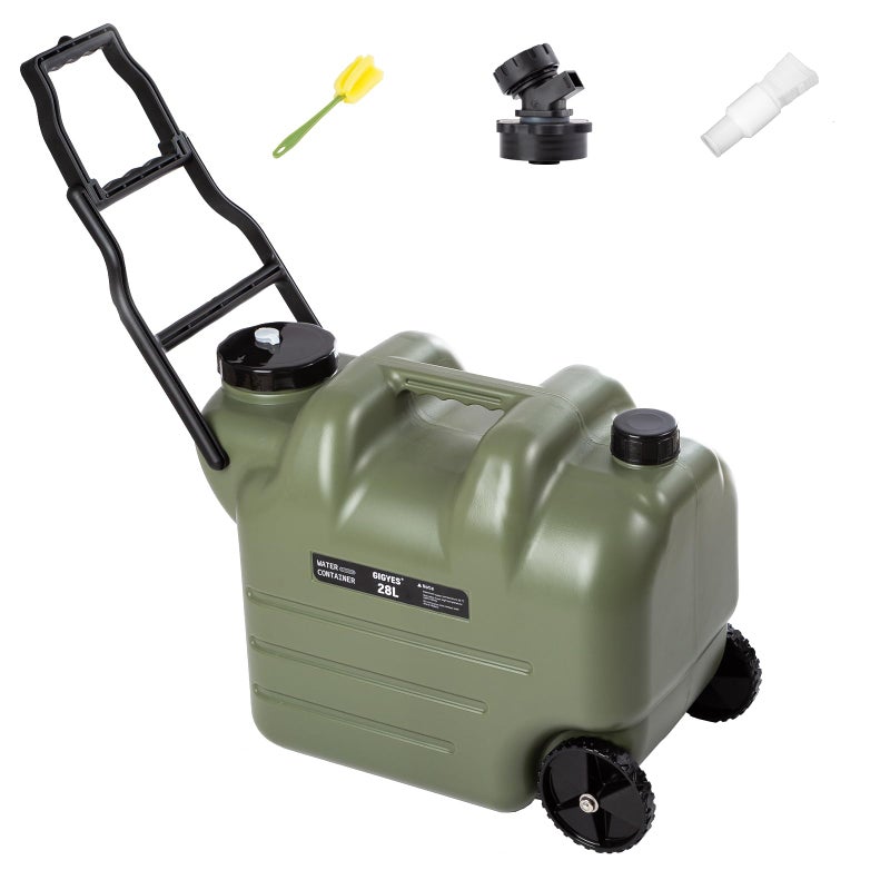 GIGYES 7.4 Gallon Water Jug with Wheels & Folding Handle, Rolling Wheel Water Storage Tank for Hiking Camping, Portable - Image 1