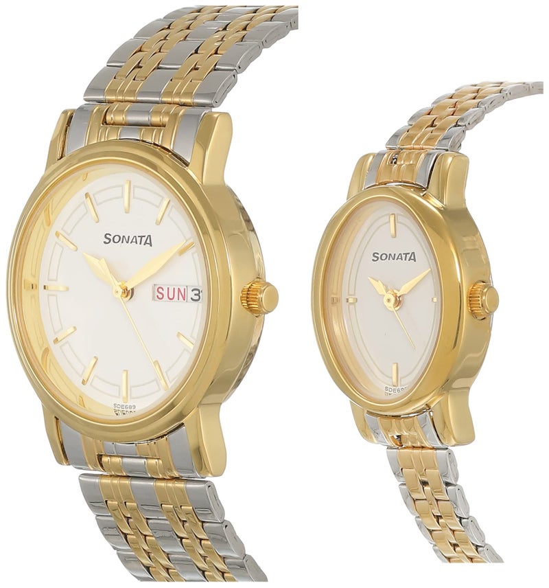 Sonata Bandhan Quartz Analog With Day & Date White Dial Two Toned Silver & Gold Stainless Steel Strap Watch for Couple - NT11418100BM01 - Image 2