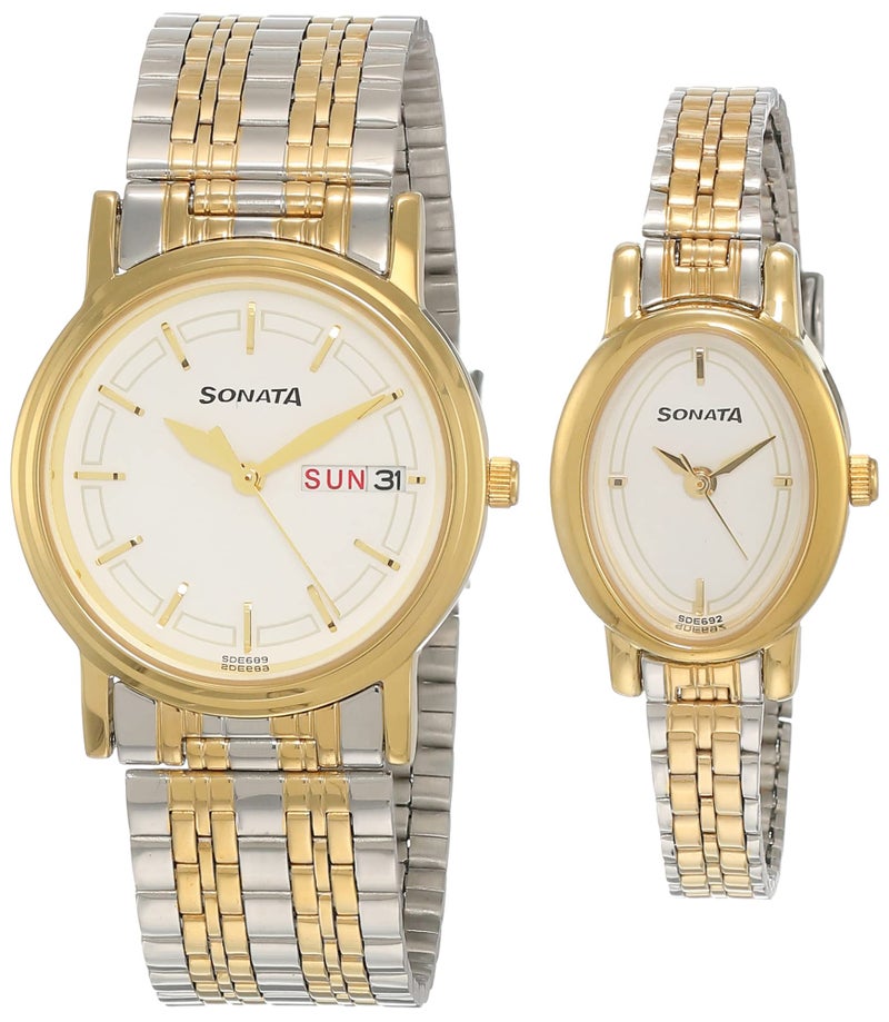 Sonata Bandhan Quartz Analog With Day & Date White Dial Two Toned Silver & Gold Stainless Steel Strap Watch for Couple - NT11418100BM01 - Image 1