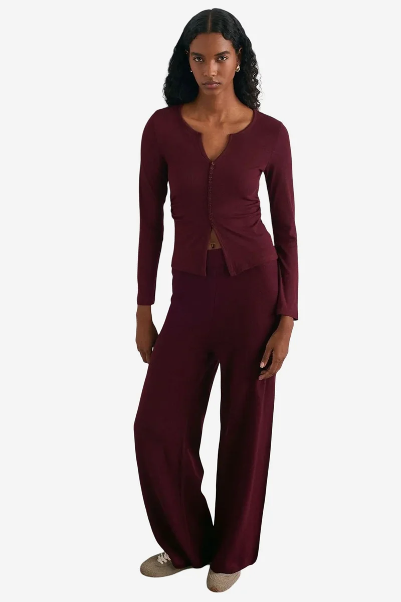 Dilvin Burgundy Red DILVIN Women’s Wide-leg Lurex Knit Trousers for Women | Best Price UAE