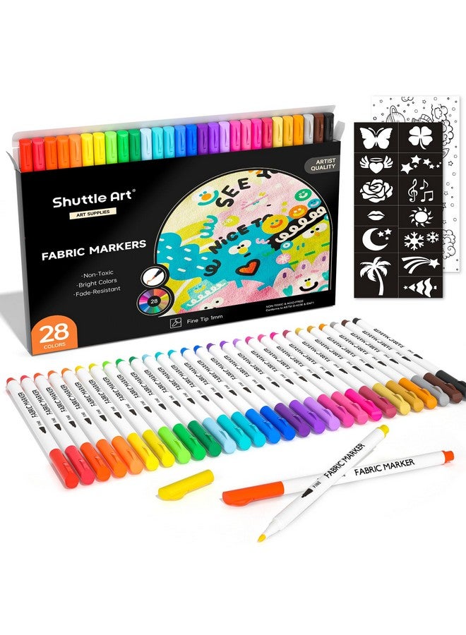 Shuttle Art 28 Colors Fabric Markers Fabric Markers Permanent Markers For T Shirts Clothes Sneakers Jeans With 11 Stencils 1 Fabric Sheet Permanent Fabric Pens For Kids Adult Painting Writing - Image 1
