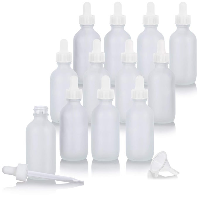 2 OZ FROSTED CLEAR GLASS BOSTON ROUND WHITE DROPPER BOTTLE 12 PACK FUNNEL I REFILLABLE EMPTY STORAGE CONTAINERS