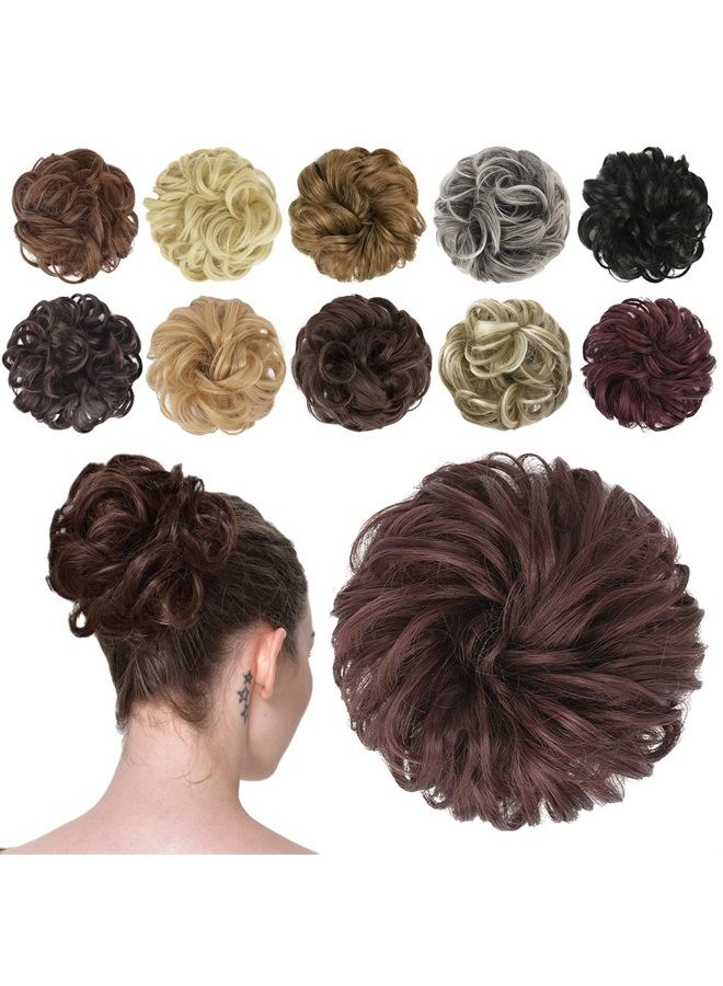 FESHFEN Messy Bun Hair Piece Hair Bun Scrunchies Dark Auburn Synthetic Wavy Chignon Ponytail Hair Extensions Thick Updo Hairpieces for Women Girls 1PCS - Image 1