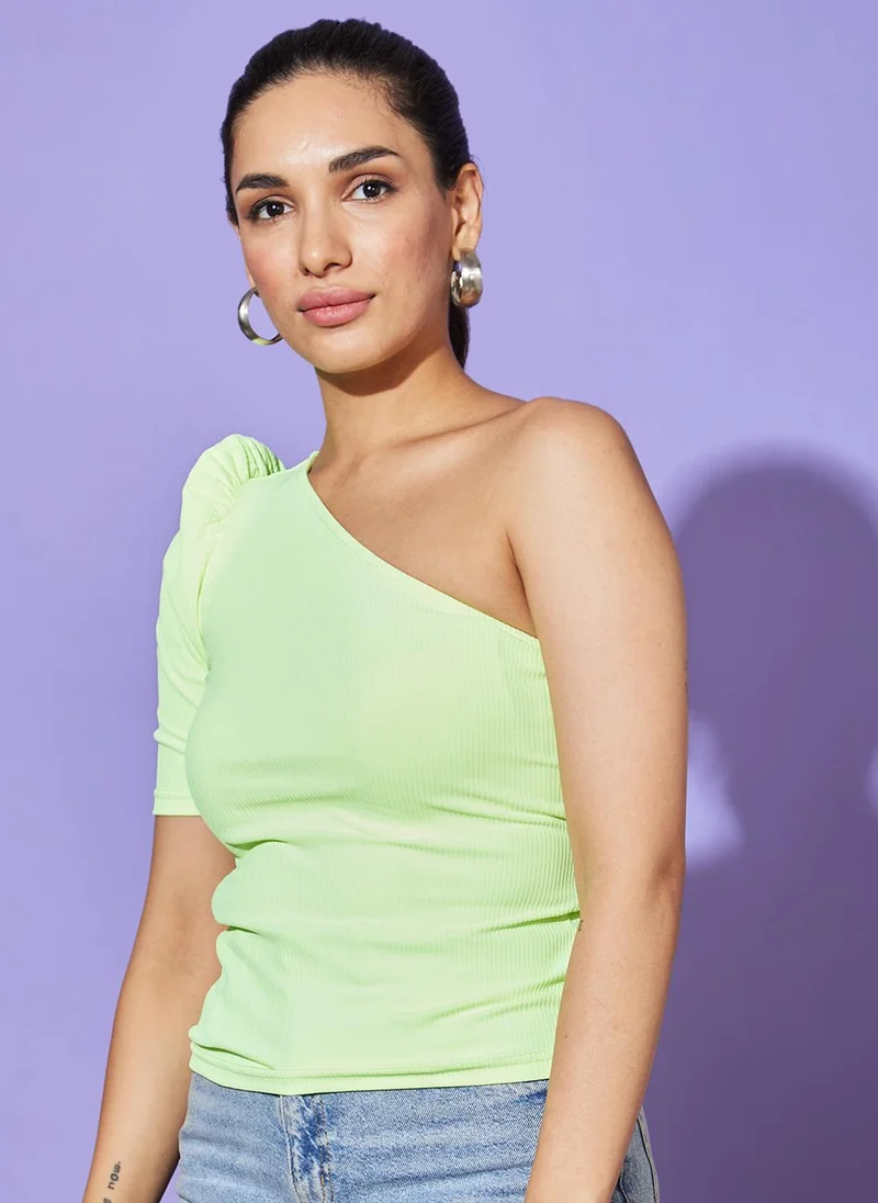 globus Globus Women Neon Green Striped One Shoulder Casual Top