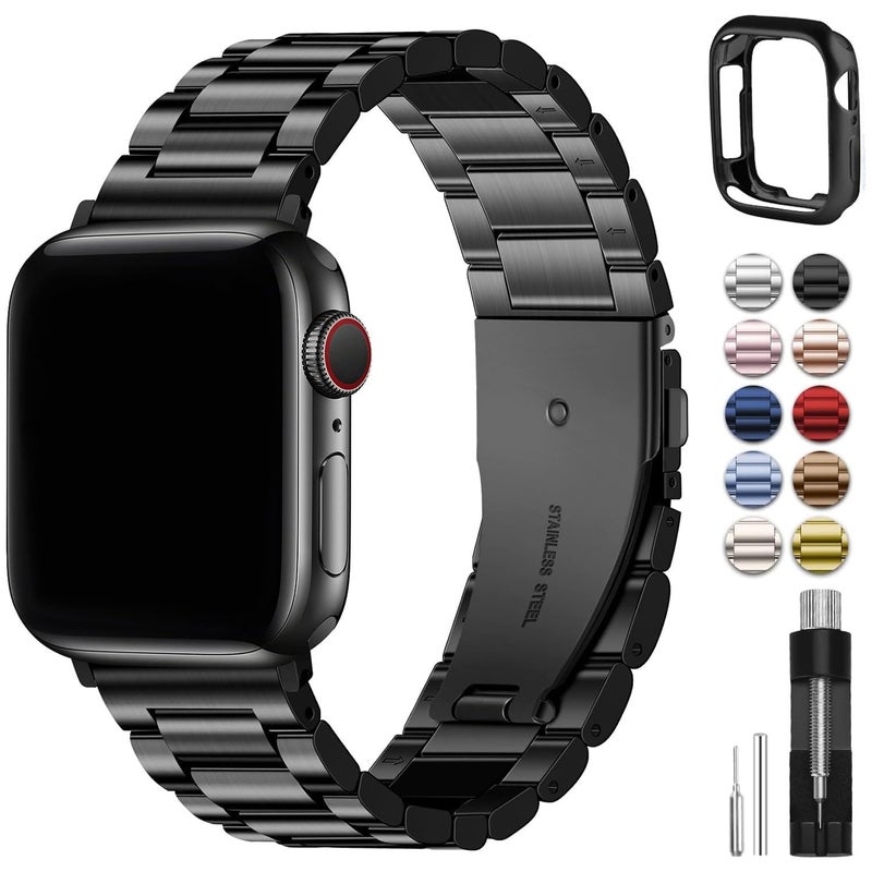 Fullmosa Compatible Apple Watch Bands 49mm 45mm 46mm 44mm 42mm 41mm 40mm 38mm, Metal iWatch Band with Case for Apple Watch Ultra Series 10 9 8 7 6 5 4 3 2 1 SE, 42mm 44mm 45mm Black - Image 1