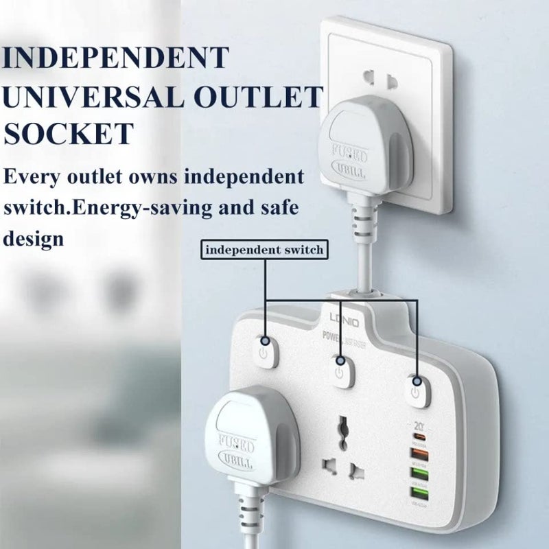 Multi Plug Adaptor, 2 Way Plugs Extension Multi Sockets Wall Charger Adapter with 1 PD and 1 QC3.0 And 2 Auto I'D Ports, 2500W Power Socket for Home, Office And More - Image 5