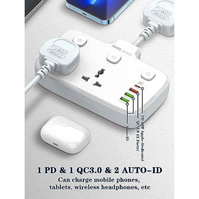 Multi Plug Adaptor, 2 Way Plugs Extension Multi Sockets Wall Charger Adapter with 1 PD and 1 QC3.0 And 2 Auto I'D Ports, 2500W Power Socket for Home, Office And More - Image 3