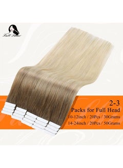 Fshine Tape in Hair Extensions Human Hair 20 Inch 50g Tape in Extensions Balayage Dip Dyed Dark Brown to Bleach Blonde Hair Extensions Ombre Tape ins for Wedding 20pcs Color 3/8/613  - Image 3