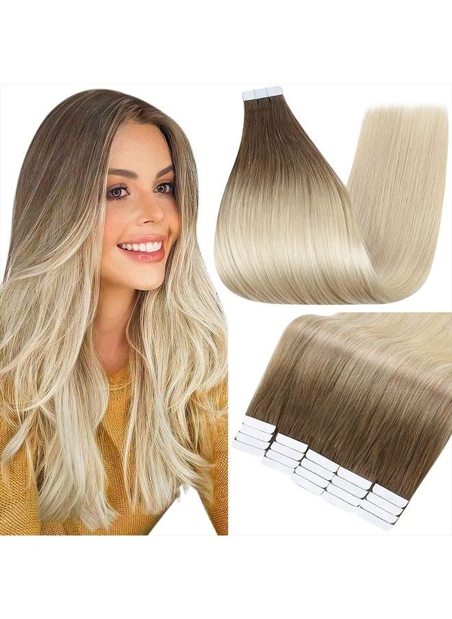 Fshine - Tape in Hair Extensions Human Hair 20 Inch 50g Tape in Extensions Balayage Dip Dyed Dark Brown to Bleach Blonde Hair Extensions Ombre Tape ins for Wedding 20pcs Color 3/8/613 - Image 1