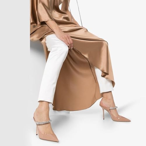 MIRAAZZURRA Women Heeled Mules Rhinestone Strappy Pointed Toe Mules Stiletto High Heels Slip On Bridal Sandals for Women 4 inches US Size 6.5 Nude - Image 4