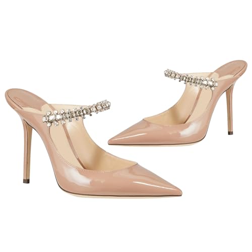 MIRAAZZURRA Women Heeled Mules Rhinestone Strappy Pointed Toe Mules Stiletto High Heels Slip On Bridal Sandals for Women 4 inches US Size 6.5 Nude - Image 5