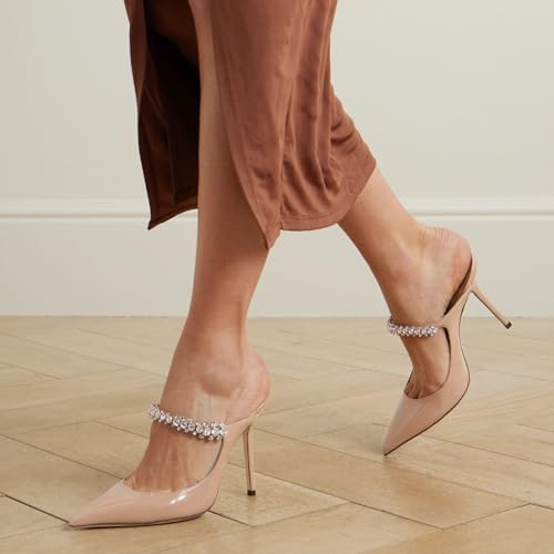 MIRAAZZURRA Women Heeled Mules Rhinestone Strappy Pointed Toe Mules Stiletto High Heels Slip On Bridal Sandals for Women 4 inches US Size 6.5 Nude - Image 2