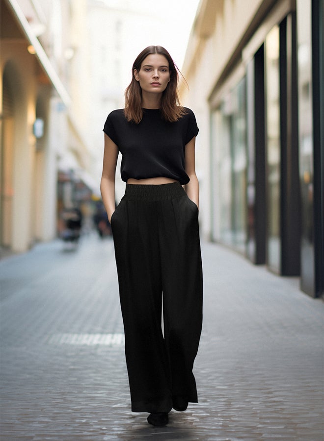 trendyol Black Wide Leg Elastic Waist Woven Trousers TWOSS22PL00024  - Image 1