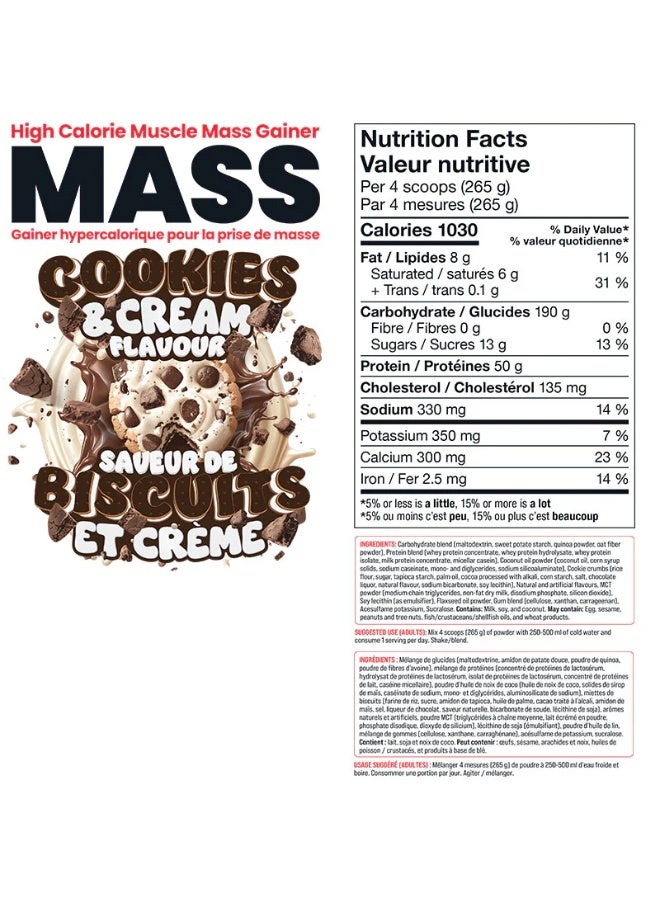 Basic Supplements Mass Gainer Powder | High Calorie Mass Gainer, Supports Weight Gain | 50G Protein, 1030 Calories, 190G Carbs | Complete Amino Acid Profile, Lower Sugar, Gluten Free | 6Lb (Cookies & Cream)