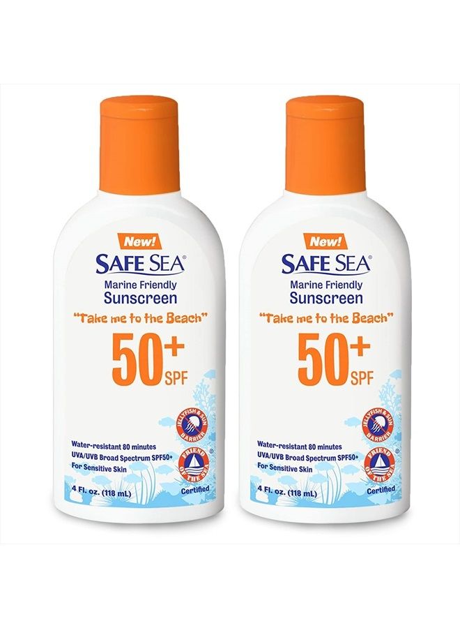 safe sea واقي شمس آمن من قناديل البحر، لوشن SPF 50+ بحجم 4 أونصات، مقاوم للماء، قابل للتحلل، آمن للشعاب المرجانية – واقي شمس للجسم والوجه، حماية من لسعات قناديل البحر والبراغيث البحرية. - Image 1